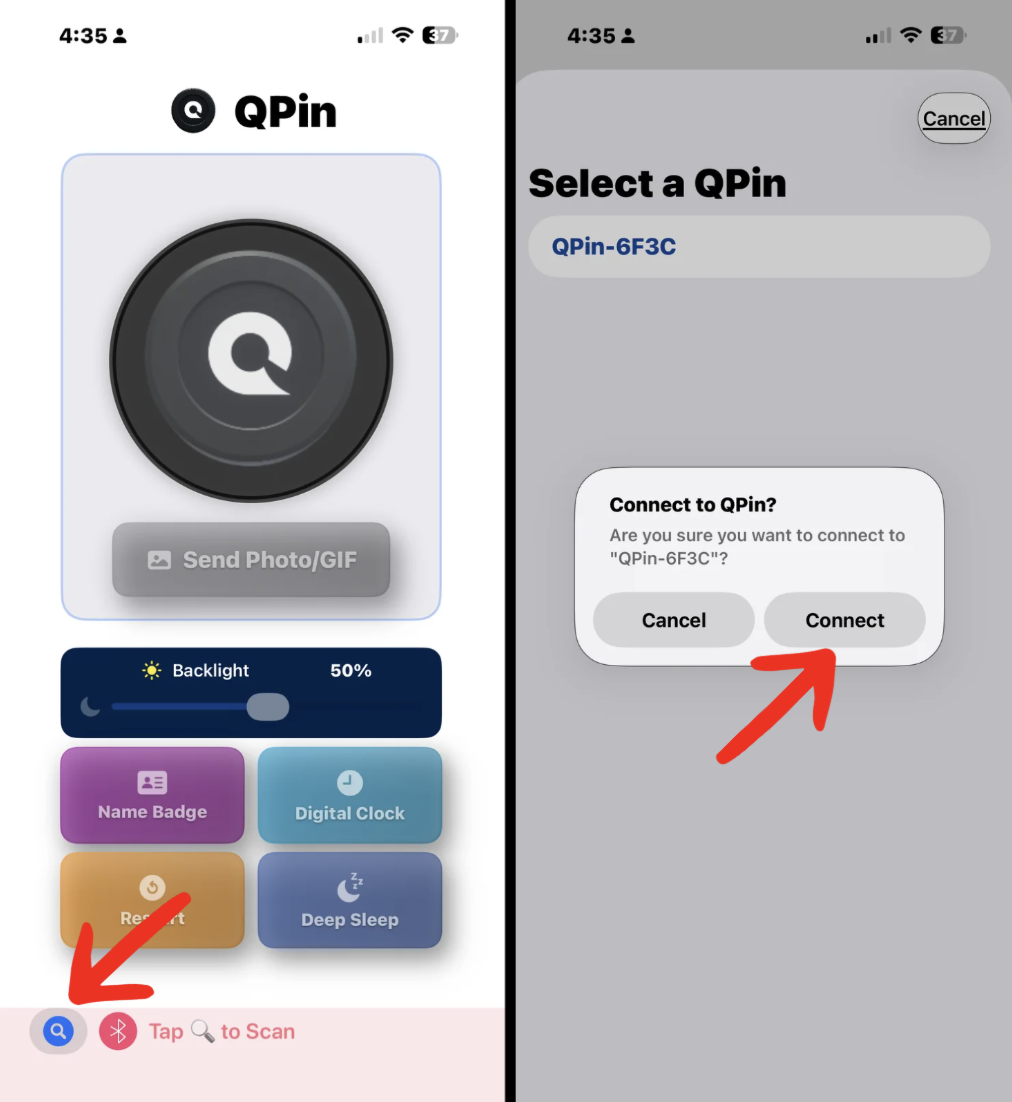 Finding the QPIN device over Bluetooth in the QPIN Connect iOS app