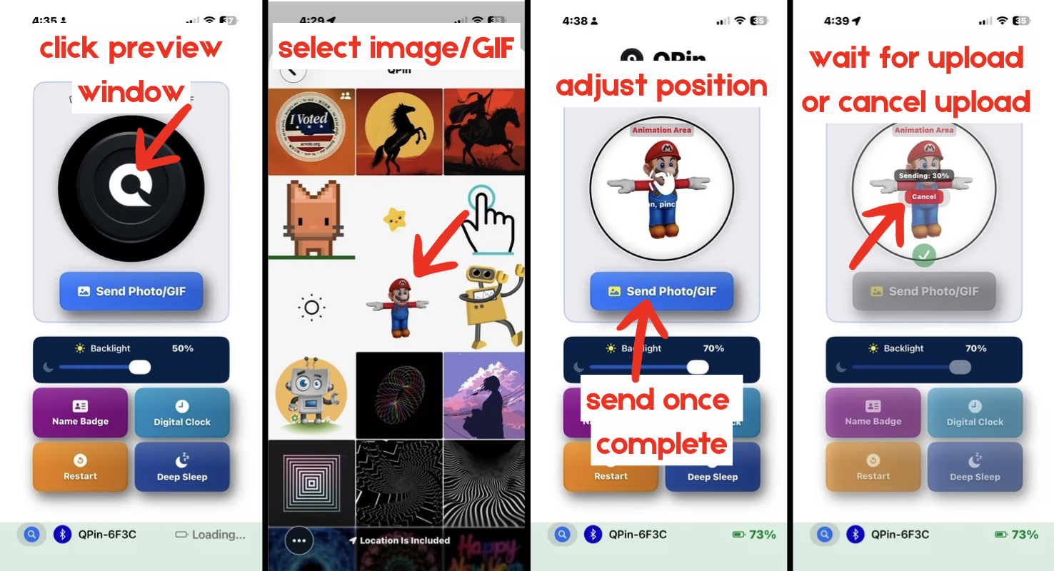 Uploading a photo or GIF design in the QPIN Connect app